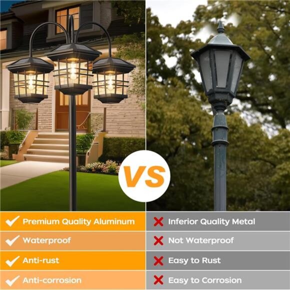 76" Classic Black Solar Lamp Post Lights - 3-Head Waterproof Outdoor Street - Picture 5 of 14